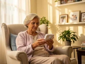 Oudere vrouw met zilvergrijs haar onderzoekt witte bewegingssensor in comfortabele fauteuil bij zacht zonlicht