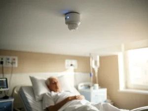 Witte bewegingssensor met blauwe LED-indicator gemonteerd aan ziekenhuiskamerplafond boven bed van oudere patiënt