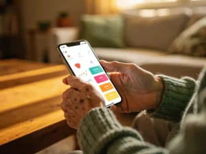 Oudere persoon houdt smartphone met kleurrijke gezondheidsapp in gezellige woonkamer met warm natuurlijk licht