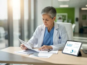 Zorgverlener bestudeert compliance documenten aan bureau met tablet die AI-monitoringsysteem toont, natuurlijk licht