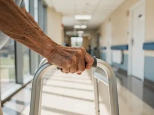 Oudere handen grijpen witte rollator in moderne ziekenhuisgang met natuurlijk licht door grote ramen