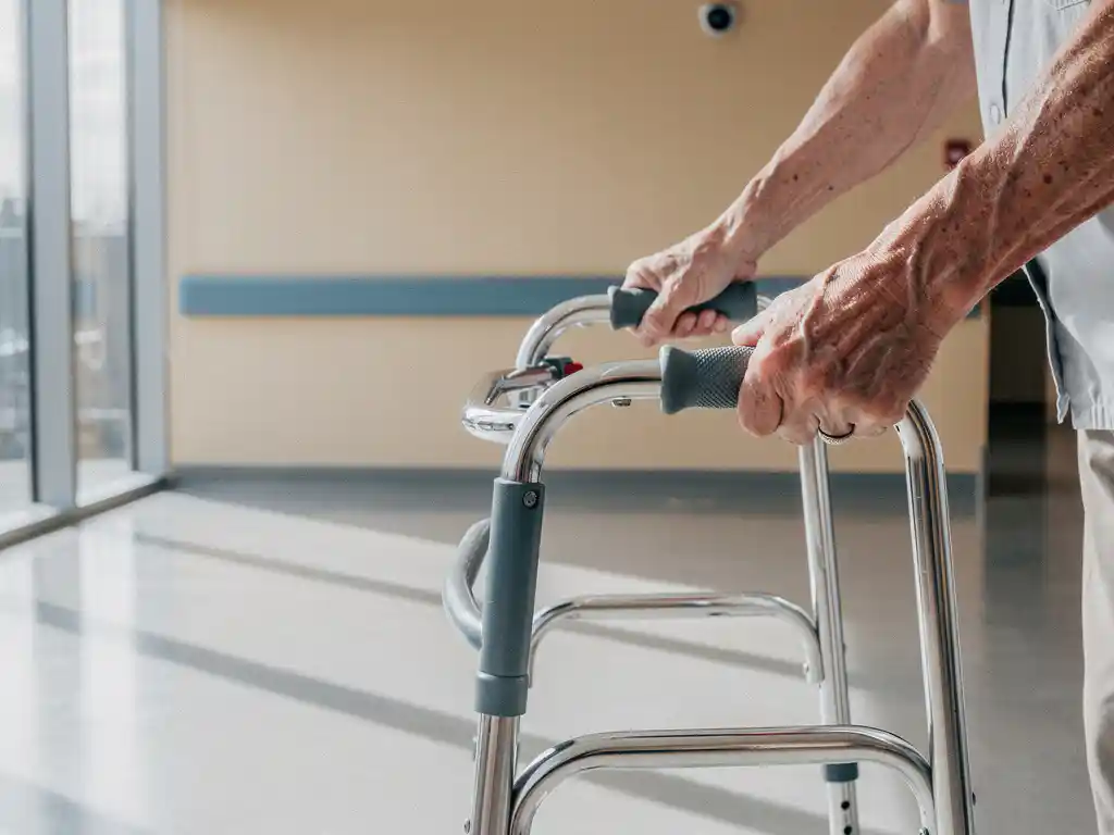Oudere handen grijpen chromen looprek vast in moderne zorgfaciliteit met natuurlijk licht door grote ramen