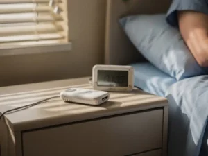 Witte medische alarmknop op nachtkastje in zorginstelling met zachte ochtendverlichting door raamjaloezieën