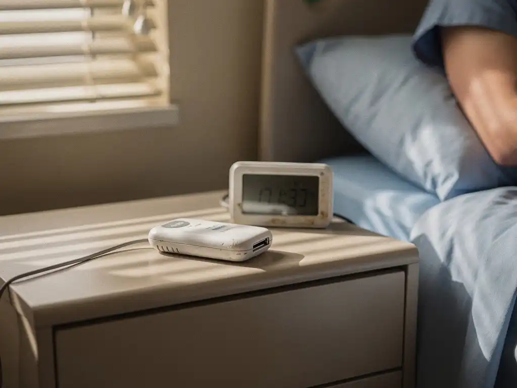 Witte medische alarmknop op nachtkastje in zorginstelling met zachte ochtendverlichting door raamjaloezieën