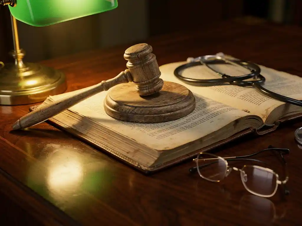 Houten hamer op mahoniehout bureau naast open juridisch document met stethoscoop en leesbril in warm licht