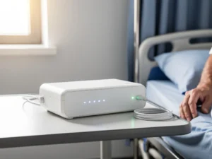 Witte medische monitoringapparaat met LED-indicatoren op ziekenhuisnachtkastje, stroomkabel ernaast in steriele zorgomgeving