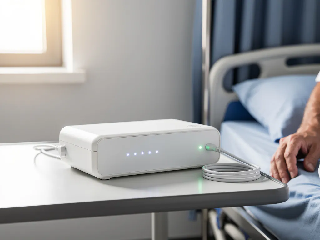 Witte medische monitoringapparaat met LED-indicatoren op ziekenhuisnachtkastje, stroomkabel ernaast in steriele zorgomgeving