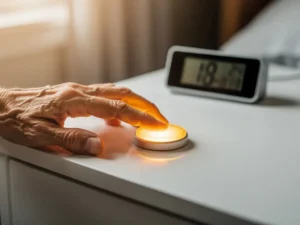 Oudere hand drukt op verlichte noodknop naast digitale klok op wit nachtkastje bij raam