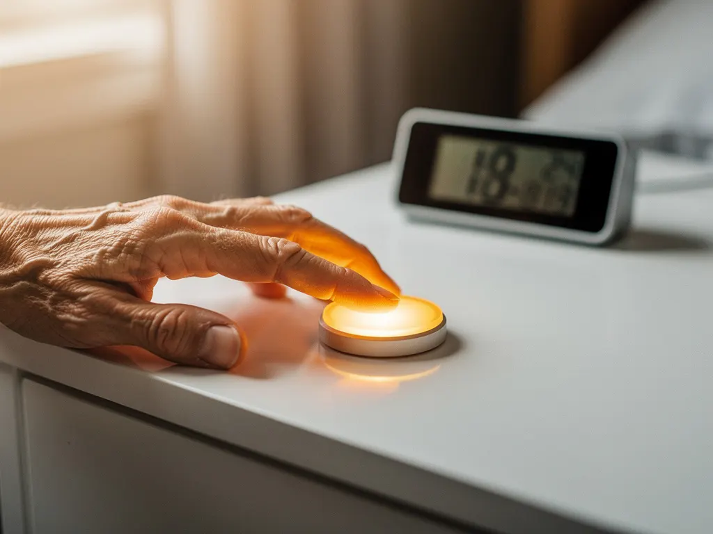 Oudere hand drukt op verlichte noodknop naast digitale klok op wit nachtkastje bij raam