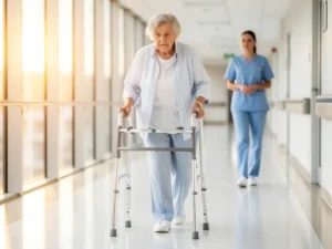 Oudere persoon met rollator loopt door ziekenhuisgang met zorgverlener op de achtergrond, natuurlijk licht door ramen