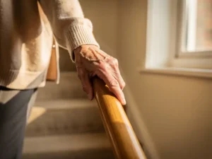 Oudere persoon houdt houten trapleuning vast tijdens het beklimmen van beklede trap, warm zonlicht creëert zachte schaduwen