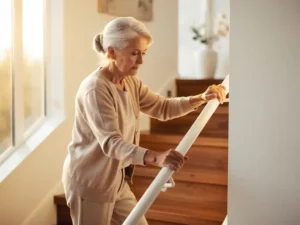 Oudere vrouw met zilvergrijs haar houdt witte trapleuning vast terwijl ze voorzichtig houten trap oploopt in lichte woning