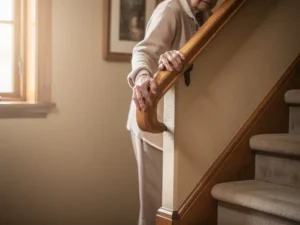Oudere persoon houdt houten trapleuning vast terwijl hij voorzichtig de beklede trap oploopt in warme, goed verlichte hal