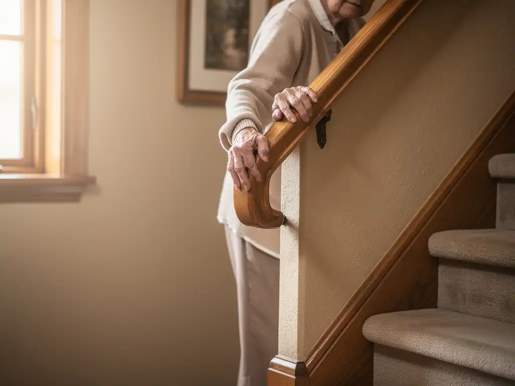 Oudere persoon houdt houten trapleuning vast terwijl hij voorzichtig de beklede trap oploopt in warme, goed verlichte hal