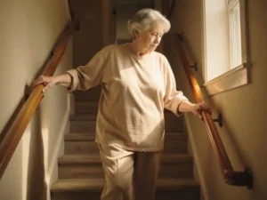 Oudere vrouw in beige kleding houdt houten trapleuning vast terwijl ze voorzichtig de trap afdaalt, andere hand reikt naar wandbeugel