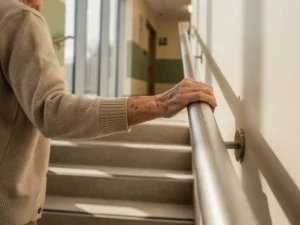 Oudere persoon houdt stevig vast aan leuning terwijl hij voorzichtig de trap afdaalt in moderne zorginstelling