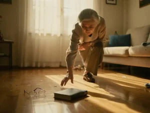 Oudere vrouw met zilvergrijs haar loopt voorzichtig rond verspreide huishoudelijke spullen op houten vloer