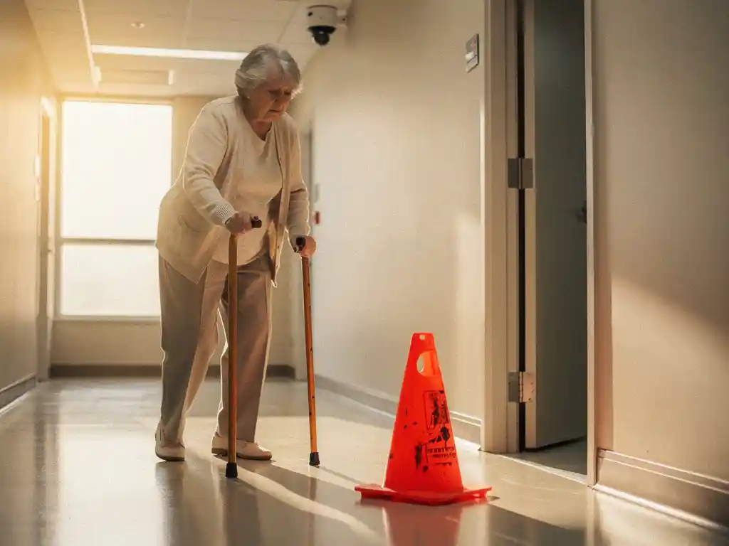 Oudere persoon met wandelstok navigeert voorzichtig rond oranje veiligheidskegel bij badkamerdeur in zorginstelling
