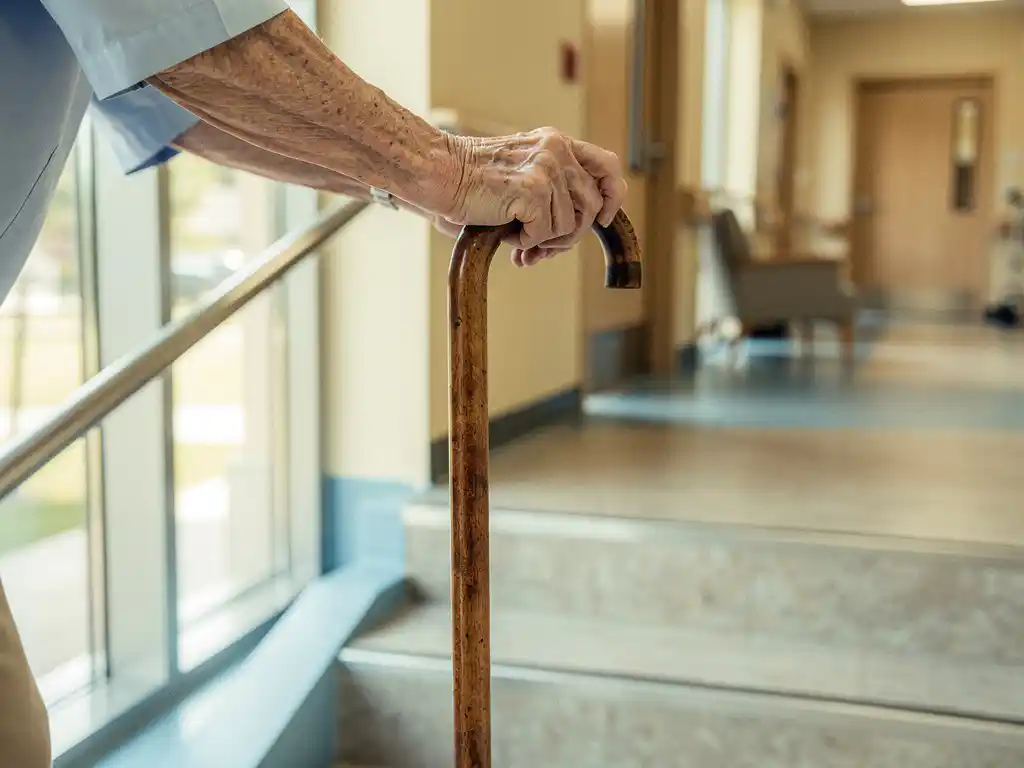 Oudere handen grijpen houten wandelstok vast terwijl ze voorzichtig stenen trappen navigeren in moderne zorgfaciliteit gang