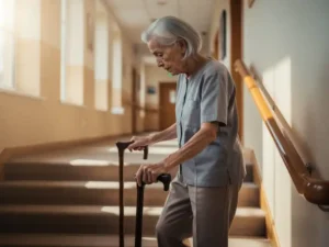 Oudere vrouw met wandelstok daalt voorzichtig trap af in verzorgingshuis, hand op houten leuning