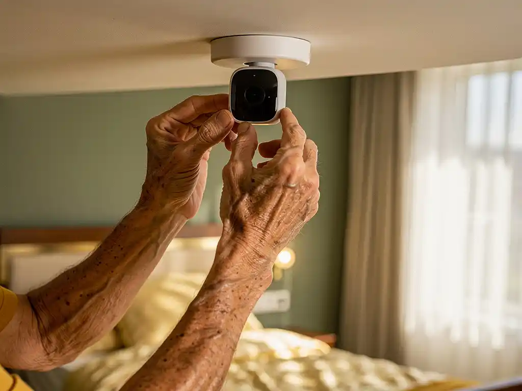 Oudere handen stellen discrete plafondcamera bij in warme, zonverlichte slaapkamer met zorgdecor in zachte groentinten