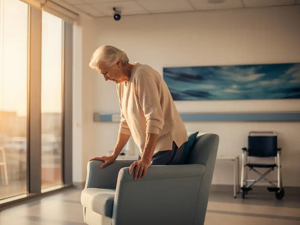 Oudere persoon staat langzaam op uit fauteuil in moderne zorginstelling met natuurlijk licht door grote ramen