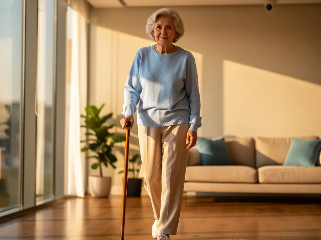Oudere vrouw met zilveren haar loopt met houten wandelstok door moderne zorgwoning, zachte ochtendzon door grote ramen