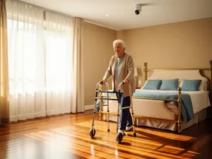 Plafondcamera observeert oudere persoon met rollator in lichte slaapkamer met zachte ochtendzon door gordijnen