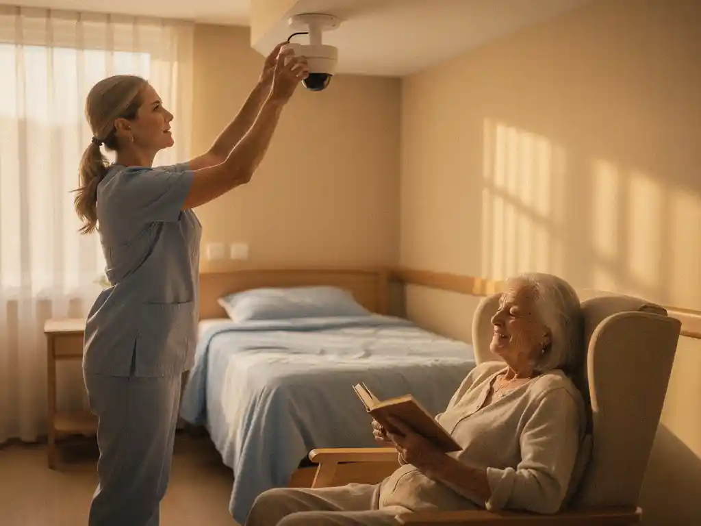 Zorgmedewerker past plafondcamera aan boven bed van oudere bewoner die rustig leest in moderne verzorgingstehuis kamer