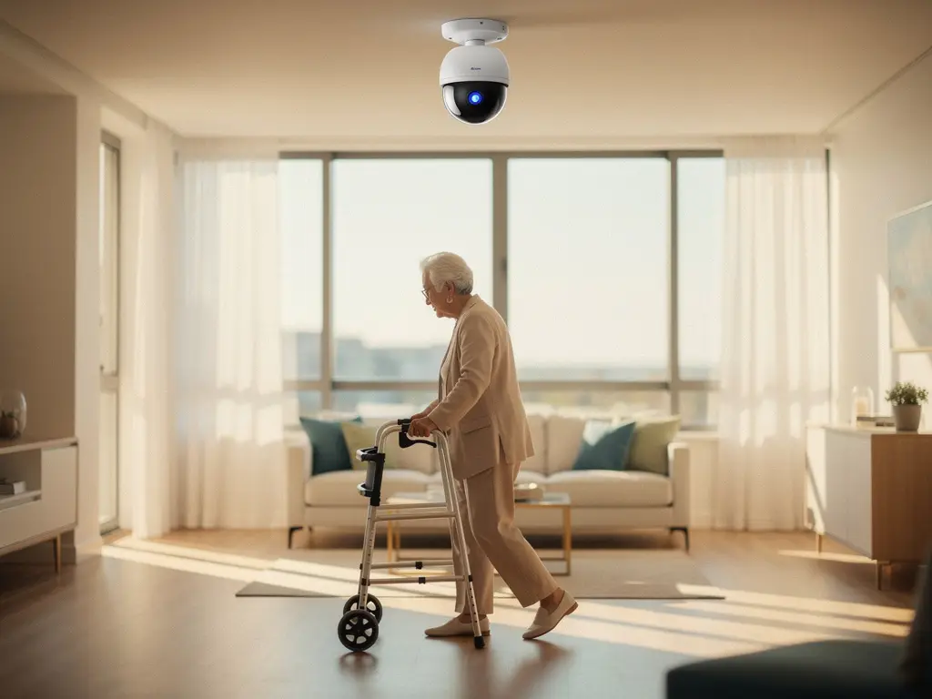 Oudere persoon loopt zelfverzekerd met rollator door moderne zorgwoning terwijl wit beveiligingscamera discreet toezicht houdt