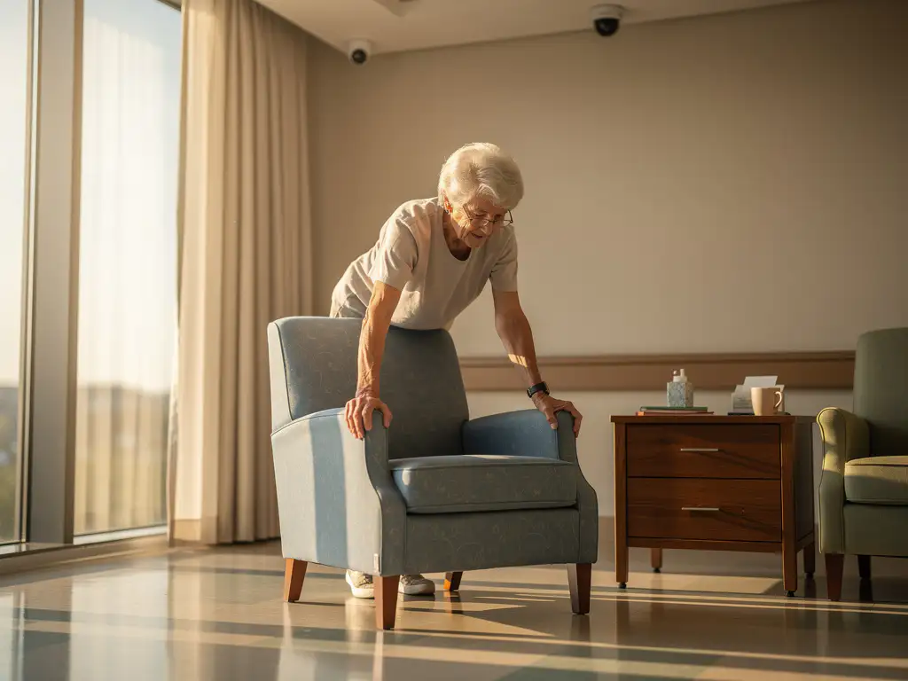 Oudere persoon staat voorzichtig op uit fauteuil in moderne zorgkamer met plafondcamera en warm zonlicht
