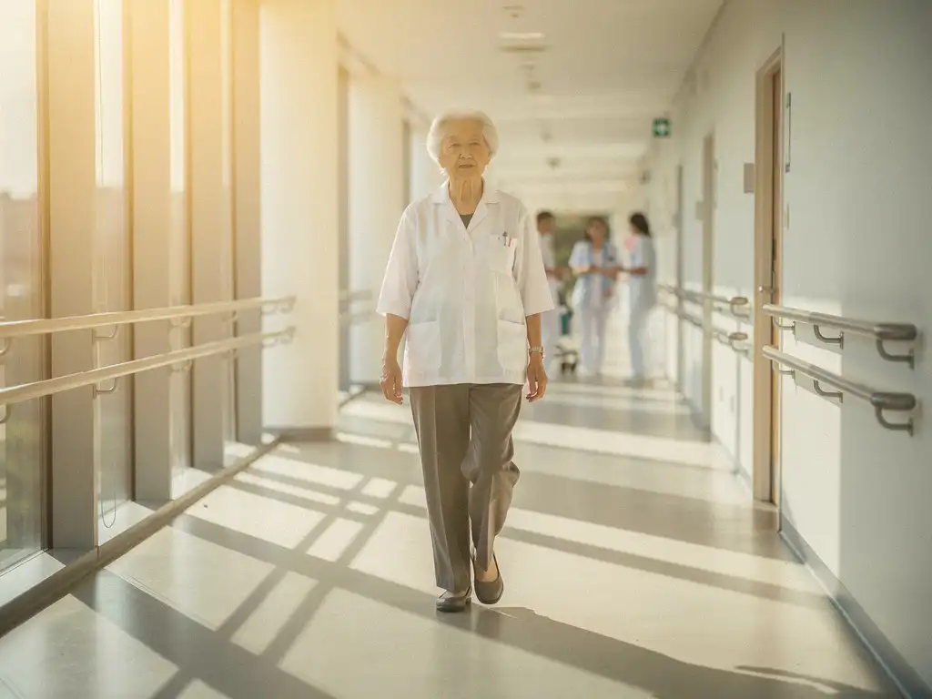 Oudere persoon loopt zelfverzekerd door moderne zorgfaciliteit met veiligheidsgrepen en antislipvloer in warm natuurlijk licht
