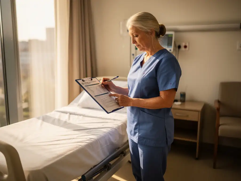 Zorgprofessional in scrubs bekijkt veiligheidsdocumenten op klembord naast ziekenhuisbed in moderne ouderenzorgfaciliteit