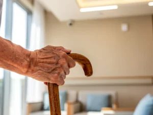 Oudere handen grijpen houten wandelstok in moderne verzorgingswoning met natuurlijk licht en veiligheidssensoren