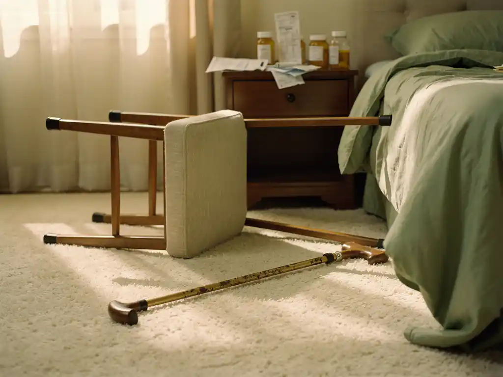 Wandelstok naast omgevallen stoel in slaapkamer met medische rekeningen en medicijnflesjes op nachtkastje