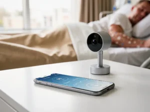 Moderne plafondcamera geïntegreerd met smartphone die gezondheidsdata toont op wit nachtkastje in lichte ziekenhuiskamer