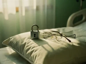 Privacyslot pictogram op zacht ziekenhuiskussen naast leesbril van oudere patiënt, warme middagzon door gordijnen