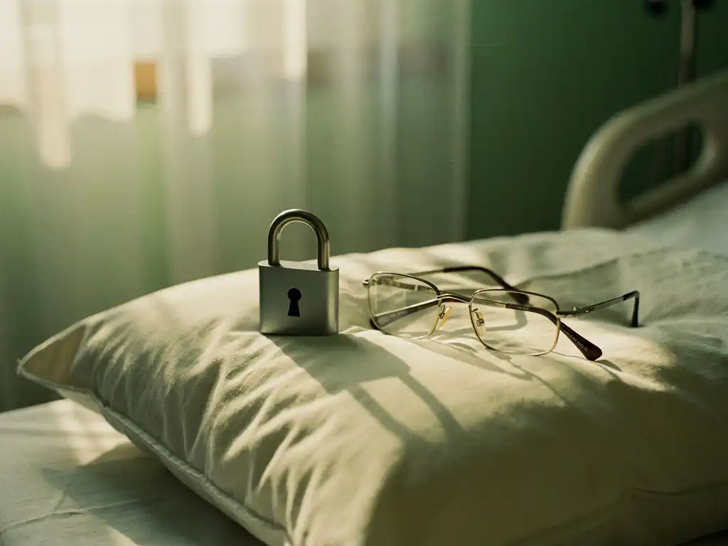 Privacyslot pictogram op zacht ziekenhuiskussen naast leesbril van oudere patiënt, warme middagzon door gordijnen