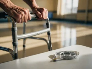 Oudere handen grijpen chrome looprek op glanzende ziekenhuisvloer met meetlint nabij, natuurlijk licht door ramen