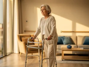 Oudere vrouw met zilvergrijs haar gebruikt moderne looprek in woonkamer met veiligheidssteunen aan crème muren