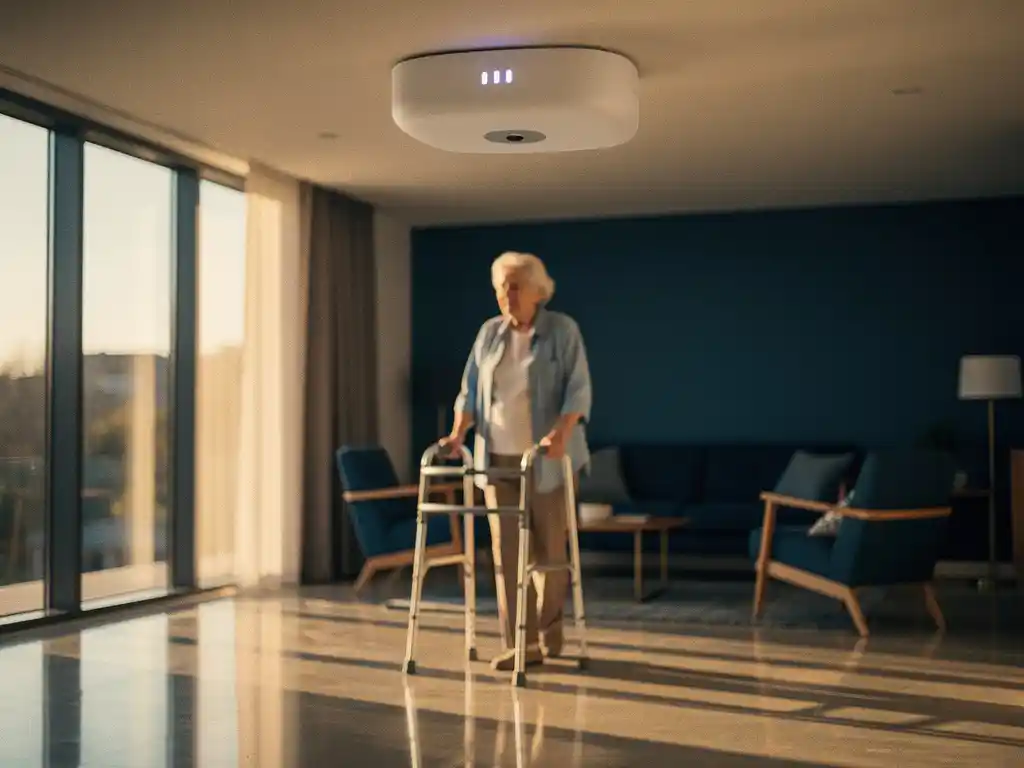 Witte plafond sensor bewaakt oudere persoon met rollator in zorgkamer met warm zonlicht