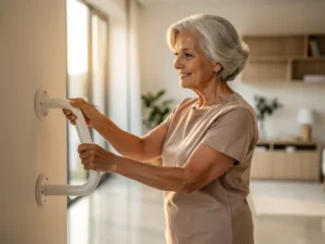Oudere vrouw met zilver haar houdt witte wandbeugel vast in moderne assisted living kamer met natuurlijk licht