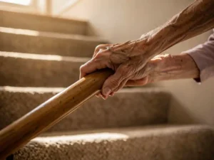 Oudere handen grijpen houten leuning vast terwijl ze voorzichtig bekleden trap opgaan, natuurlijk licht door raam