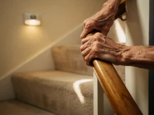 Oudere handen grijpen houten trapleuning vast op tapijttrap met nachtlampje aan muur in warme huiskamer