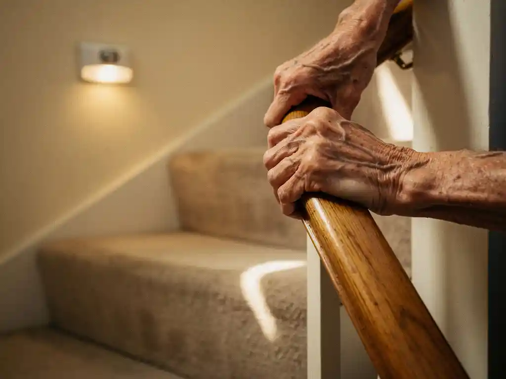 Oudere handen grijpen houten trapleuning vast op tapijttrap met nachtlampje aan muur in warme huiskamer