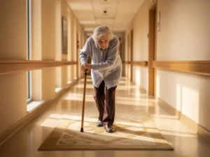 Bejaarde vrouw met wandelstok navigeert voorzichtig rond vloerkleed in zonnige verpleeghuis gang met houten leuningen