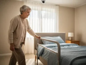 Oudere vrouw houdt bedsteunrail vast in veilige slaapkamer met plafondcamera en zachte ochtendverlichting