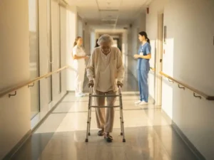 Oudere persoon met loophulp in moderne verpleeghuis gang met steunleuningen, zorgprofessional op achtergrond