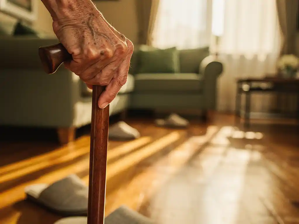 Oudere hand die houten wandelstok vasthoudt terwijl deze door woonkamer navigeert, pantoffels zichtbaar op warme hardhouten vloer