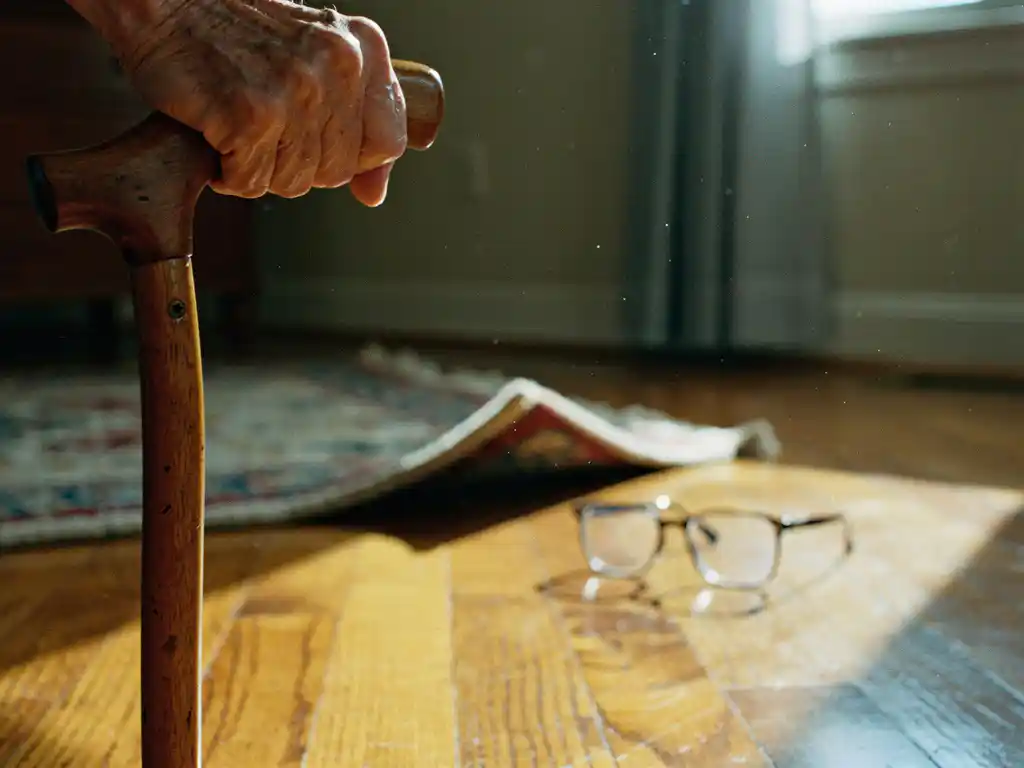 Oudere hand grijpt houten wandelstok terwijl navigerend rond huishoudelijke obstakels op parketvloer in warm namiddaglicht